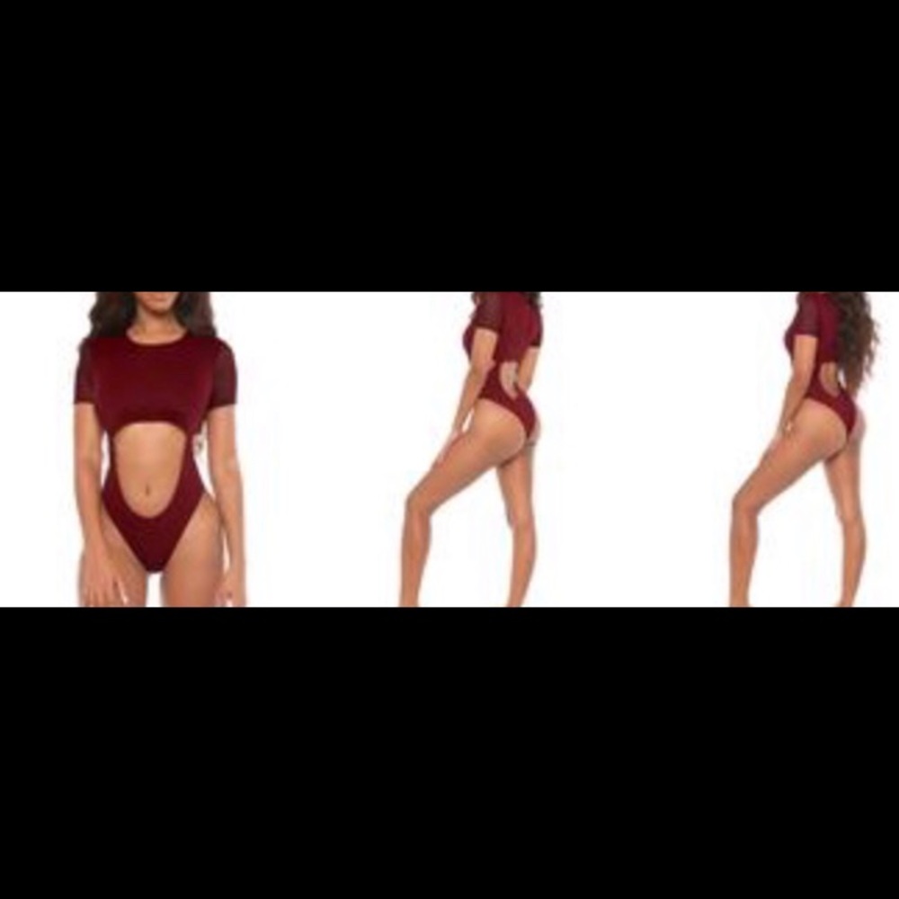 Deep red one-piece baiting suit.